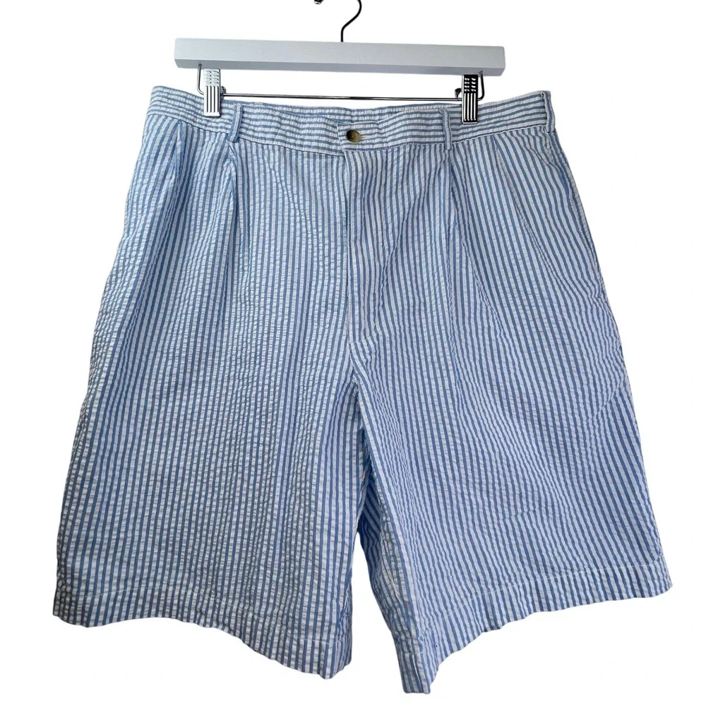 Land's End Men's Seersucker‎ Blue & White Pinstripe Shorts SZ 36, preppy, cotton